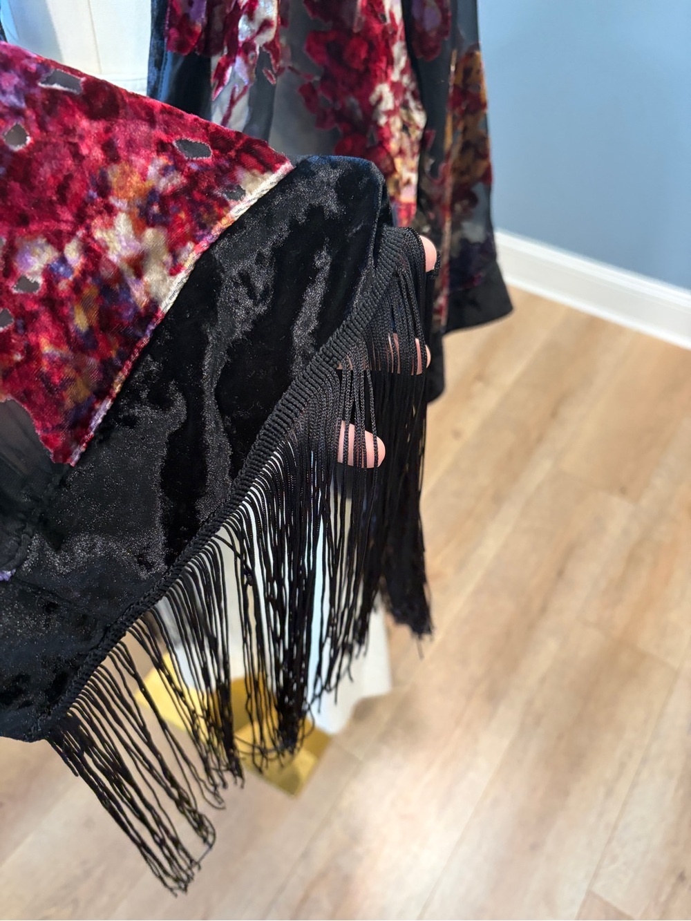 Cacique Floral Burnout Velvet Fringe Kimono Duster Black Burgundy Plus 18/20 - Picture 7 of 9